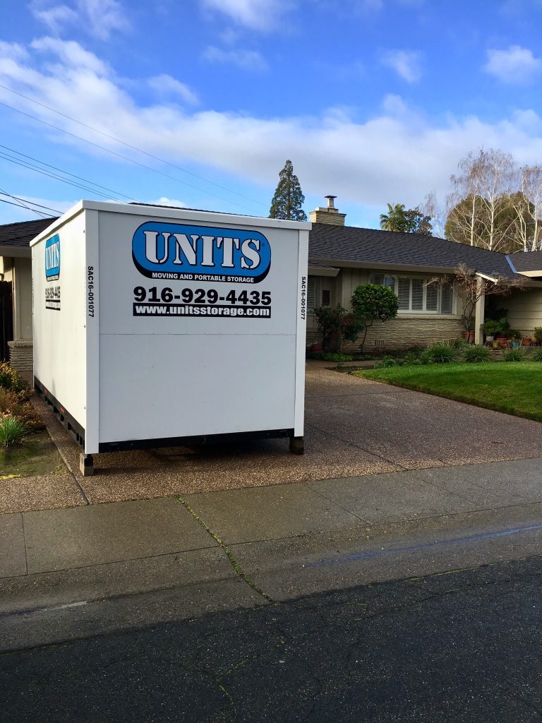 units portable storage container in the driveway of a house in auburn ca
