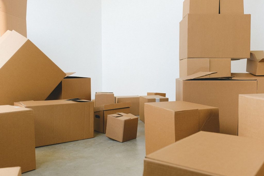 Packed moving boxes waiting to be loaded into portable storage in Penryn CA